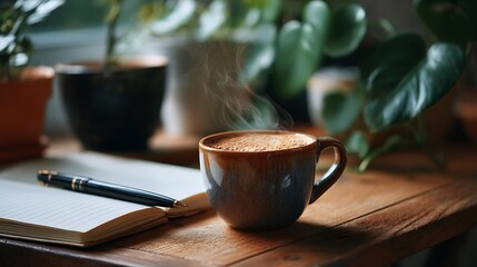 Steaming Cup of Coffee with Notebook and Pen on Wooden Desk