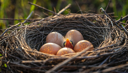 Macro shot of a nest with unhatched eggs and one baby bird emerging, focus on fragile eggshell texture and chick’s tiny beak
