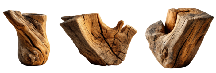 Artistic Tree Trunk Fragments: Three unique, weathered fragments of a tree trunk. showing the intricate grain patterns, textures, and the raw beauty of natural wood.