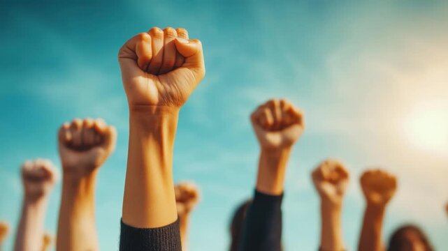 Rising Up: A striking visual of multiple fists raised towards the sky, symbolizing solidarity, power, and the pursuit of justice. It's a call to action and a testament to collective strength.