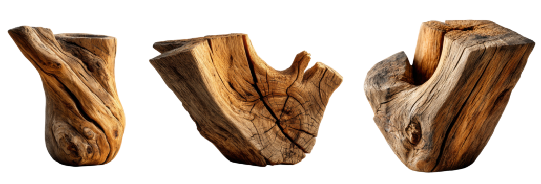 Artistic Tree Trunk Fragments: Three unique, weathered fragments of a tree trunk. showing the intricate grain patterns, textures, and the raw beauty of natural wood.