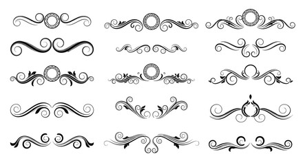 Collection of ornate black and white floral dividers and scroll flourishes for graphic design projects and decorative borders.