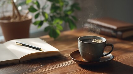 Hot Coffee and Open Notebook on a Wooden Desk with Pen