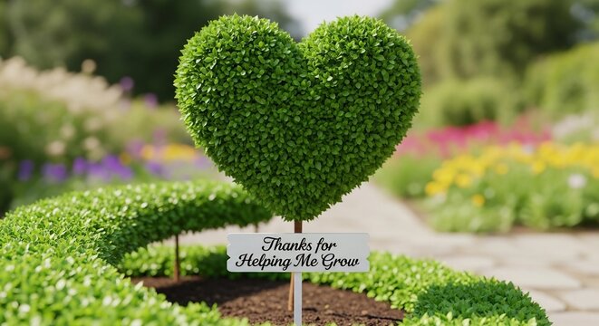 Heart-shaped topiary in a vibrant garden with a 'Thanks for Helping Me Grow' sign. Ideal for thank you cards, teacher appreciation gifts, and garden-themed celebrations.