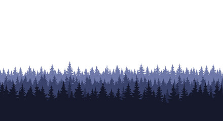 Stylized layered silhouettes of evergreen trees in shades of blue and purple depict a serene forest scene against a white background.