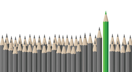 One vibrant green pencil stands tall and distinct from a multitude of uniform grey pencils, representing individuality and success.