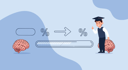 Conceptual illustration depicting brain development and educational progress from an initial state to a successful graduate student.