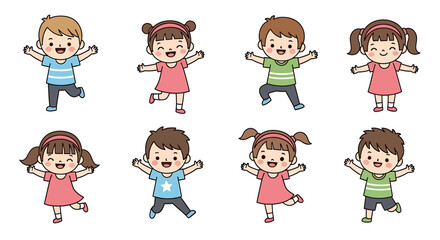 Collection of diverse cartoon children with happy expressions and open arms, showcasing active joy and playful innocence in various outfits