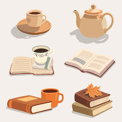 Cozy Reading Illustration with Books Coffee and Teapot in Warm Autumn Colors Calm Relaxing Lifestyle Scene
