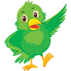 Cheerful green cartoon bird with orange beak and feet dancing with wings outstretched in a playful pose on a transparent background ideal for illustration and design
