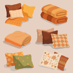 Cozy Home Decor Illustration Pillows and Blankets in Warm Autumn Colors Minimalist Interior Design Aesthetic