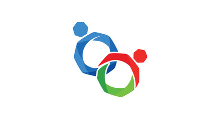 Abstract, colorful logo design depicting two stylized human figures or gears intertwined, symbolizing connection, community, and collaboration.