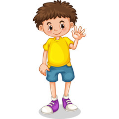 Cheerful young boy with brown hair wearing a yellow t-shirt and blue shorts waving hello standing on a transparent background illustration