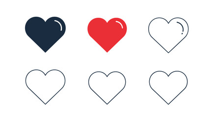 A collection of six minimalist heart icons in red, dark blue, and outlined variations, featuring filled and empty styles for UI design.