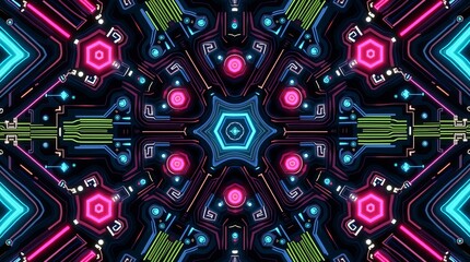 Neon circuit board kaleidoscope abstract background