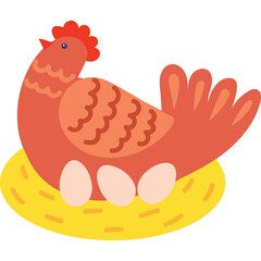 Chicken Sitting on Nest with Three Eggs in Bright Yellow Straw and Red Orange Feather Detail with Transparent Background