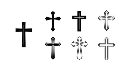 A collection of various Christian cross designs in black and white, suitable for religious iconography and design elements.