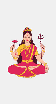 Vector illustration of a serene four-armed Hindu Goddess sitting in a meditative lotus pose, holding a trident and a lotus flower, symbolizing divine power and purity