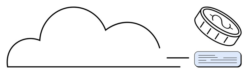 Minimalist cloud with a coin and database block symbolizing online data storage, financial transactions, and digital economy. Ideal for innovation, technology, finance, data security, cloud