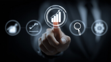 A finger pressing a growth dashboard icon among analysis symbols portrays performance tracking and data driven decisions for continuous improvement.
