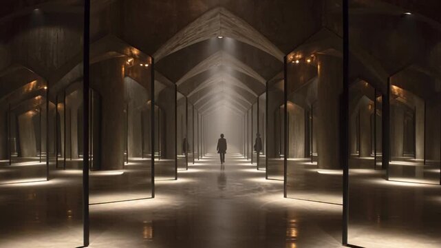 Man walking toward bright light in dark tunnel with mirrors