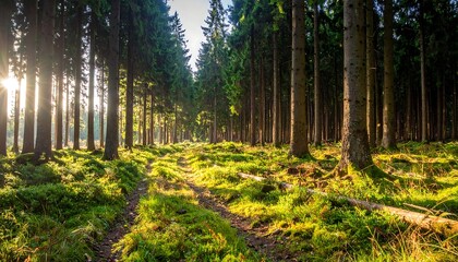 Sunlight filtering through a dense forest canopy onto a mossy forest floor.