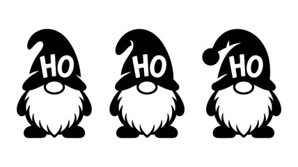 Three Black Christmas Gnomes with HO on Hats on White Background
