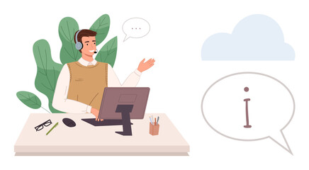 Man with a headset gesturing while seated at desk with computer, chat bubbles. Ideal for customer service, technical help, online training, virtual meetings, consultation, communication, simple flat