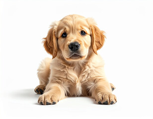 Obraz premium Playful Golden Retriever Puppy on White Background – Adorable Pet Stock Photo