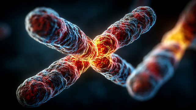 Chromosomal crossover where homologous strands exchange segments, symbolizing recombination, genetic diversity, and evolutionary adaptation in life sciences.
