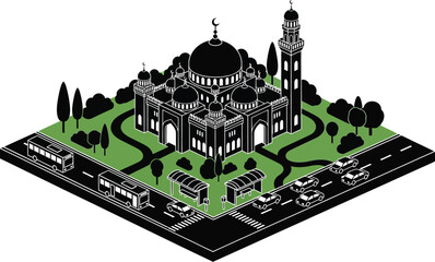 Isometric mosque illustration with traffic and green landscape design vector