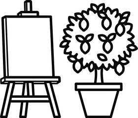 Outline drawing of art supplies and potted tree for coloring page vector