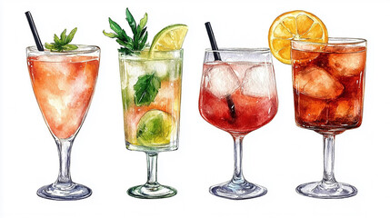 A vibrant watercolor illustration showcases a collection of five refreshing summer cocktails perfect for website design icons or a menu feature various drink types including