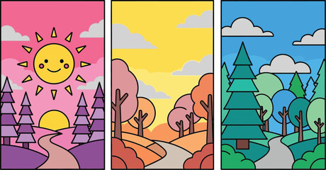 Colorful nature landscapes illustrations with trees sun and clouds vector