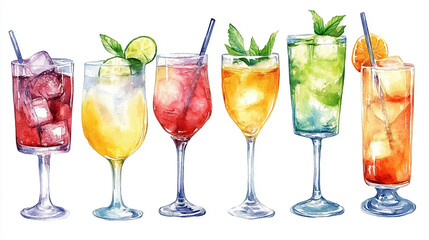 A vibrant watercolor illustration showcases a collection of five refreshing summer cocktails perfect for website design icons or a menu feature various drink types including