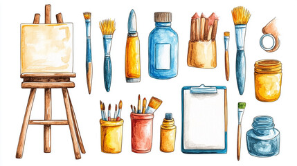 Set of art essential tool supplies for painter artist, paintbrush brush, palette, oil paint tube bottle, color wheel, pencil, easel canvas, transparent cutout. Many different mockup