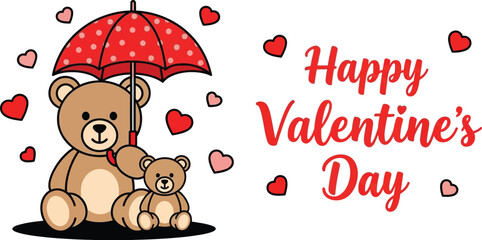 Valentine's day teddy bears with umbrella hearts cute illustration vector