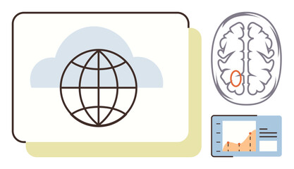 Globe on a cloud, brain with highlighted area, and data graph, representing connectivity, neuroscience, and analytics. Ideal for technology, research, healthcare education innovation and global