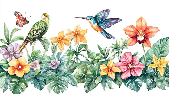 Hummingbird and flowers watercolor background Tinny bird fly in jungle. Seamless pattern with floral romantic elements