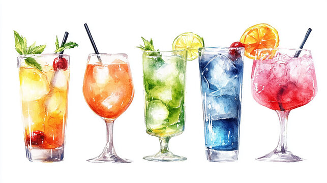 A vibrant watercolor illustration showcases a collection of five refreshing summer cocktails perfect for website design icons or a menu feature various drink types including