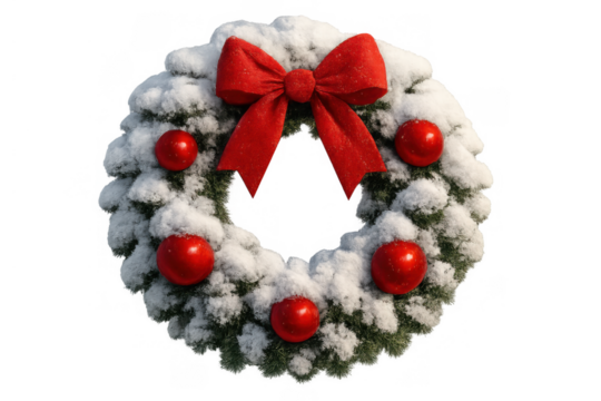 Christmas wreath with red bow and ornaments, festive evergreen garland covered in snow, winter holiday decoration on transparent