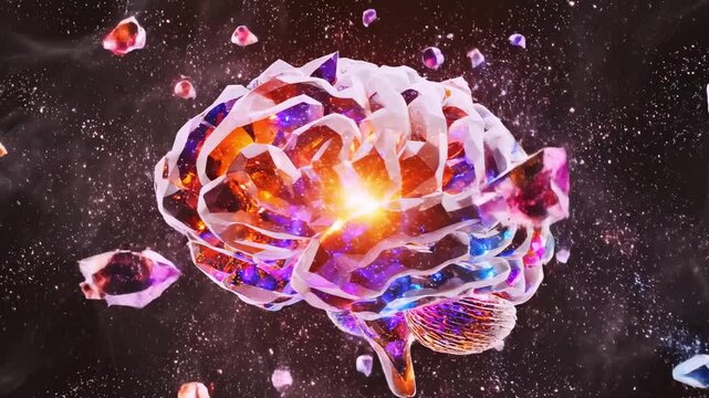 A crystalline brain explodes with light, particles and colors, fragments float on a dark background