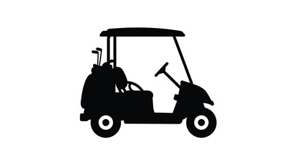 Simple black silhouette illustration of a golf cart with clubs visible