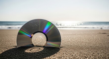 Cd reflects ocean waves on a sandy beach under the sun