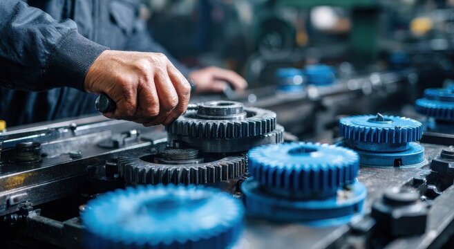 Vibrant close up of industrial gears being assembled by skilled hands