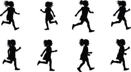 Child running silhouettes, motion sequence, ponytail, dynamic posture, exercise, activity, fitness, biomechanics, animation reference, lifestyle, movement, design
