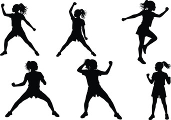 Child silhouettes in motion, ponytail, dance, martial arts, exercise, active lifestyle, fitness, energy, movement, dynamic pose, animation, design