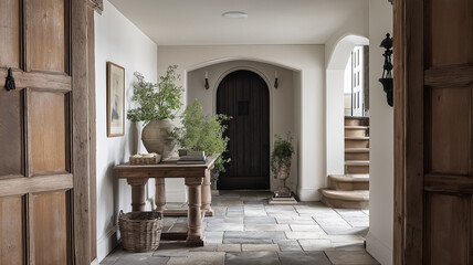 Rustic entryway with stone floor, wooden console table and arched doorways, inviting home interior design