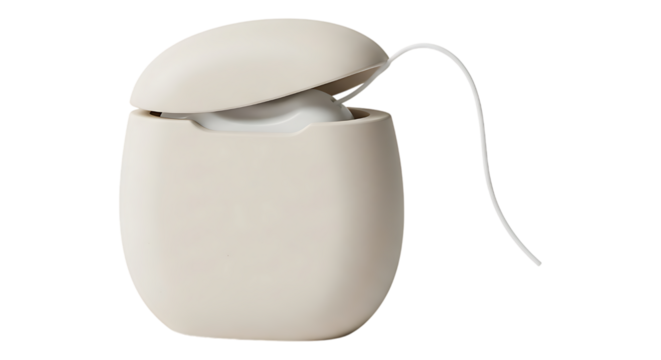 Beige dental floss container with open lid isolated on transparent background