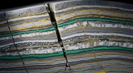Detailed cross-section of a geological rock formation showing stratified layers of precious minerals, with veins of gold and green ore cut by a dark fault line